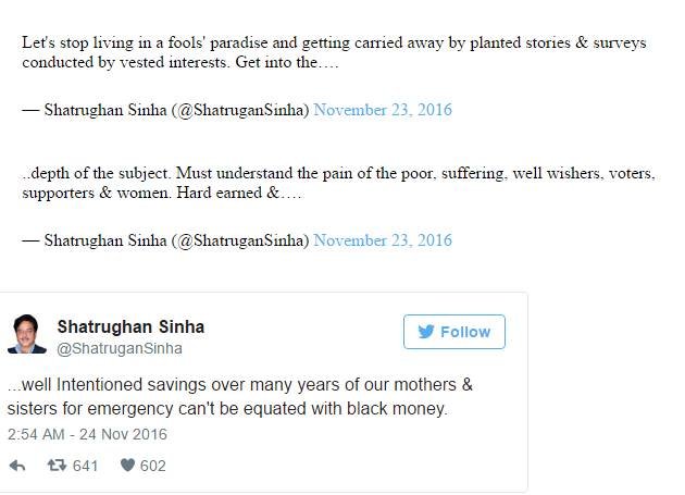 शत्रुघ्न सिन्हा के ट्वीट्स का स्क्रीनशॉट।
