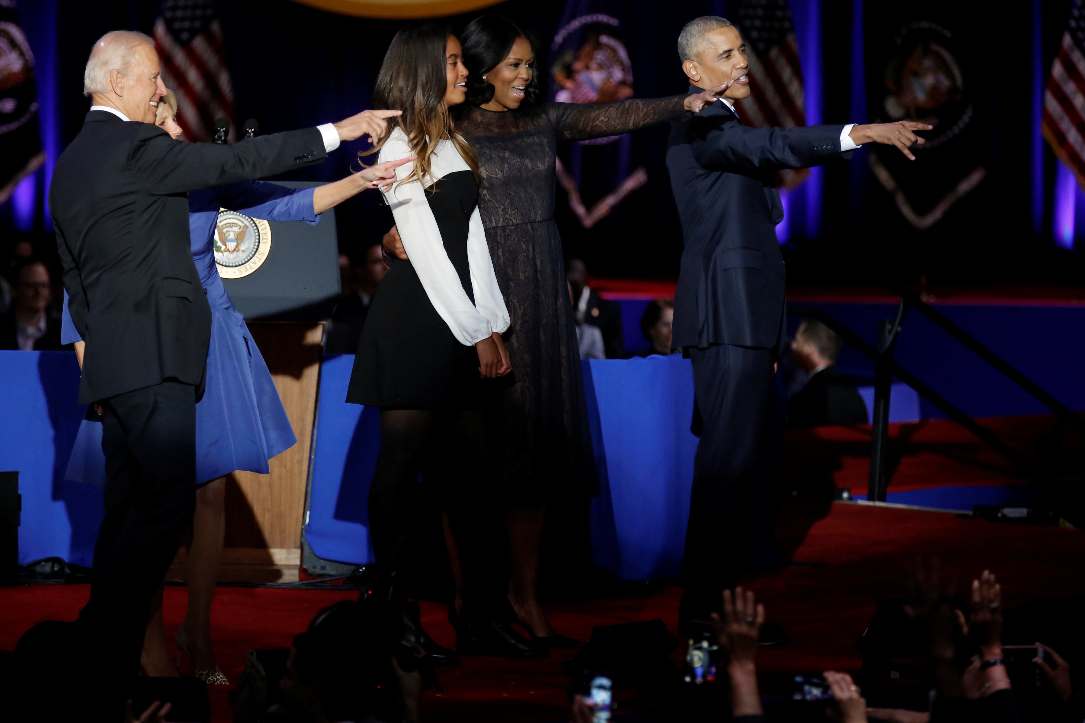 U.S. President Barack Obama, his wife Michelle, their daughter Malia, Vice-President Joe Biden and his wife Jill acknowledge the crowd in Chicago Obama, Barack Obama, Barack Obama cry, Barack Obama wipes away tears, Barack Obama farewell address, Barack Obama cries at farewell address, india news, jansatta, obama farewell photos, obama speech, obama last address