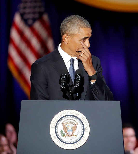 U.S. President Barack Obama wipes away a tear as he delivers a farewell address at McCormick Place in Chicago Obama, Barack Obama, Barack Obama cry, Barack Obama wipes away tears, Barack Obama farewell address, Barack Obama cries at farewell address, india news, jansatta, obama farewell photos, obama speech, obama last address