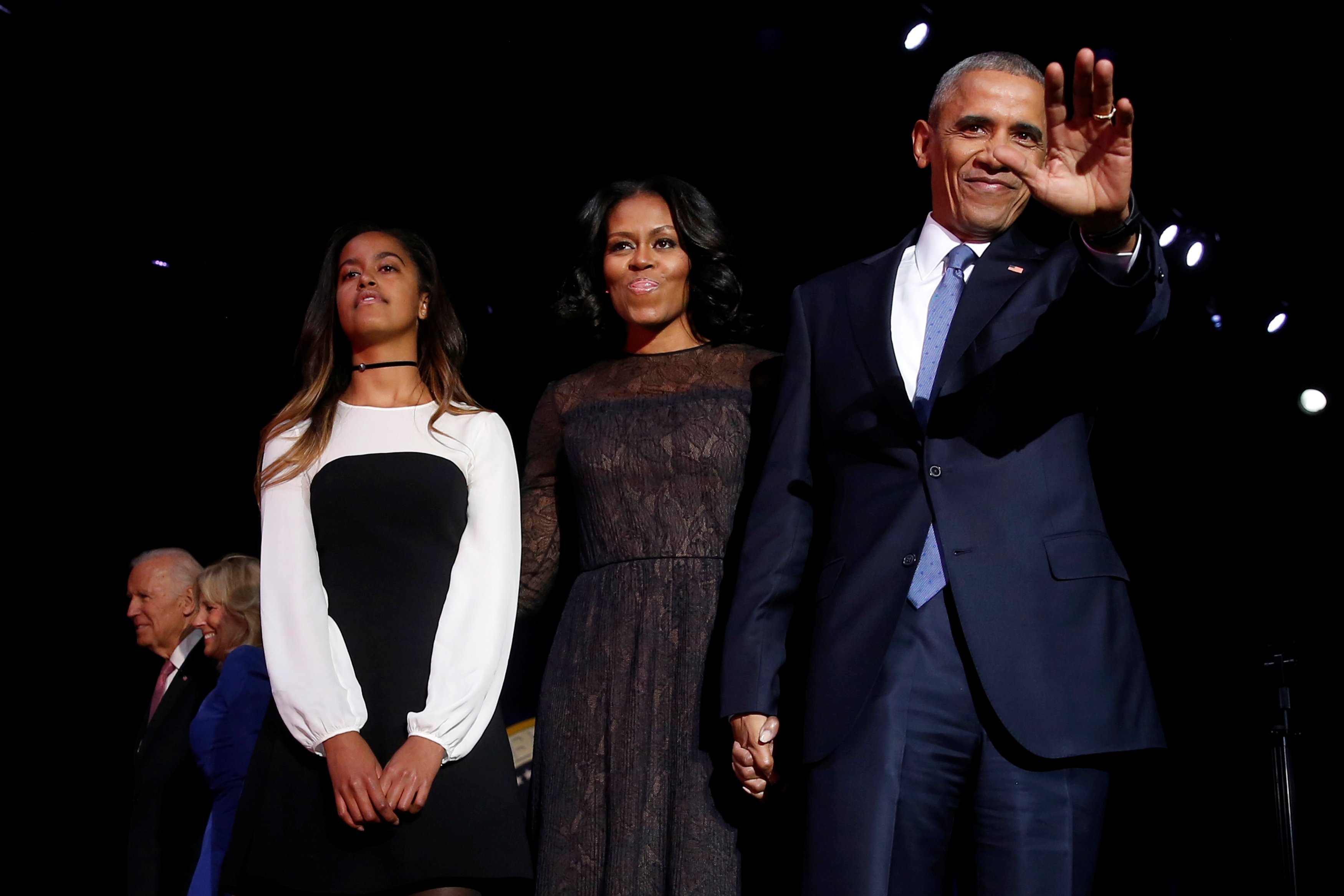 U.S. President Barack Obama is joined onstage by first lady Michelle Obama, Vice President Joe Biden and his wife Jill Biden, after his farewell address in Chicago Obama, Barack Obama, Barack Obama cry, Barack Obama wipes away tears, Barack Obama farewell address, Barack Obama cries at farewell address, india news, jansatta, obama farewell photos, obama speech, obama last address