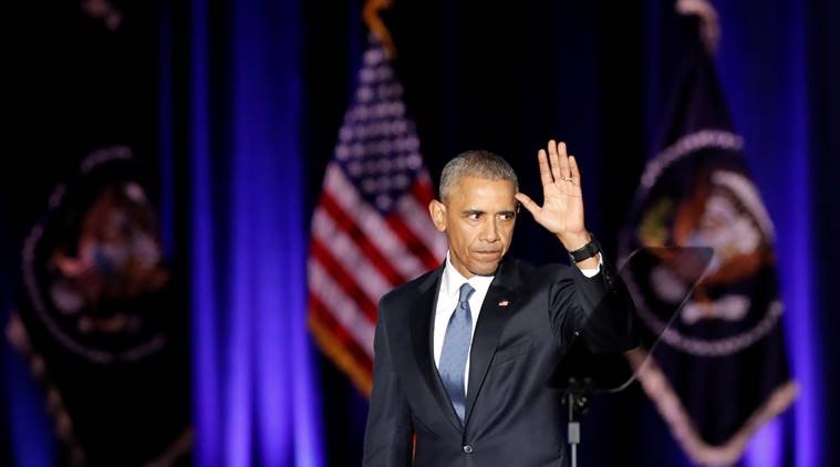 U.S. President Barack Obama waves after giving a farewell address at McCormick Place in Chicago Obama, Barack Obama, Barack Obama cry, Barack Obama wipes away tears, Barack Obama farewell address, Barack Obama cries at farewell address, india news, jansatta, obama farewell photos, obama speech, obama last address