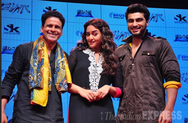 फिल्म 'तेवर' के पहले ट्रेलर लॉन्च पर साथ नज़र आए अर्जुन कपूर और सोनाक्षी सिन्हा और मनोज वाजपेयी (फोटो: वरिंदर चावला)