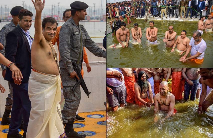 प्रयागराज के कुंभ में हर रोज लाखों की संख्या में लोगों की आवाजाही हो रही है। जहां पर देश से लेकर विदेशी भी डुबकी लगाते दिख रहे हैं। 2019 का दिव्य कुंभ अब तक हुए सभी कुंभों से महंगा बताया जा रहा है। योगी सरकार ने इस बार के दिव्य कुंभ में तमाम तरह की सुविधाएं मुहैया करवाई हैं। यही वजह है कि इस साल के कुंभ में देश के कोने-कोने से लोगों की भीड़ संगम में देखने को मिल रही है। इस बार के कुंभ में राजनेताओं का भी खूब आना-जाना हो रहा है। शुक्रवार को केंद्रीय मंत्री नितिन गडकरी दिव्य कुंभ पहुंचे। प्रयागराज में गडकरी उत्तर प्रदेश के उपमुख्यमंत्री केशव प्रसाद मौर्य के साथ पहुंचे। दोनों नेताओं ने गंगा में डुबकी लगाई और इसके बाद पूरे विधि-विधान से पूजा पाठ किया। तस्वीरों में देखें अब तक कौन-कौन से नेता लगा चुके डुबकी। (All pics- PTI)