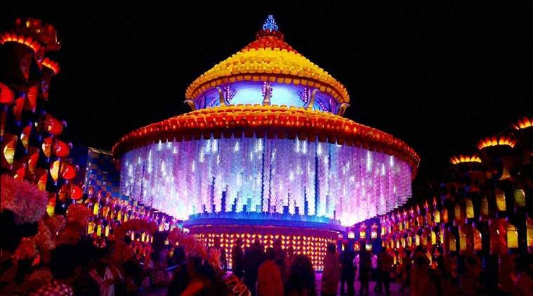 Kolkata: A Durga puja pandal after its inauguration by West Bengal Chief Minister Mamata Banerjee in Kolkata on Monday. PTI Photo (PTI10_12_2015_000275B)