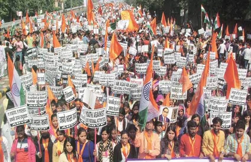 DUSU president, satender awana, delhi university students union, ABVP march, JNU, JNU protests, JNU row, JNUSU, JNU abvp, ABVP jnu, umar khalid, JNU news, bjp abvp, दिल्ली यूनिवर्सिटी छात्र संघ, सतेंदर अवाना, एबीवीपी मार्च