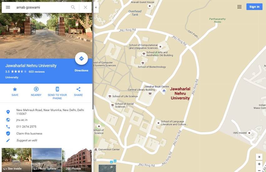 Google Maps search, anupam kher, arnab goswami, JNUSU president, Umar Khalid, Anirban Bhattacharya, anti national, JNU ROW, Google Maps, Search result, Jawahar Lal Nehru University, Kanhaiya Kumar, JNU, Sedition, Anti-national, PICTURES OF TOP MOST CRIMINALS, NIGGER HOUSE