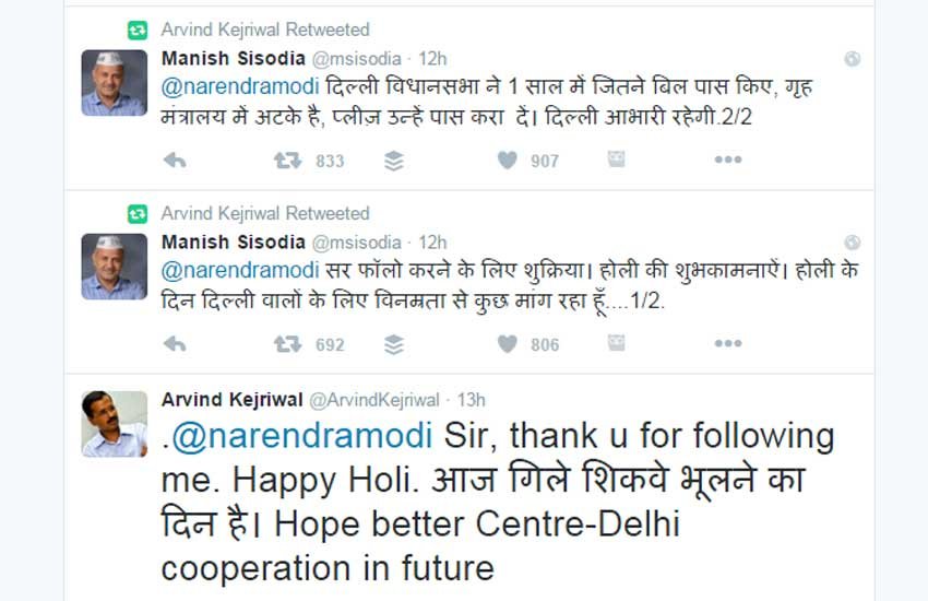 Arvind kejriwal, Arvind kejriwal Twitter, kejriwal tweets modi, Narendra Modi, Narendra Modi Follow Kejriwal, Narendra Modi Holi Wish Kejriwal, Kejriwal Holi Wish Modi, Delhi