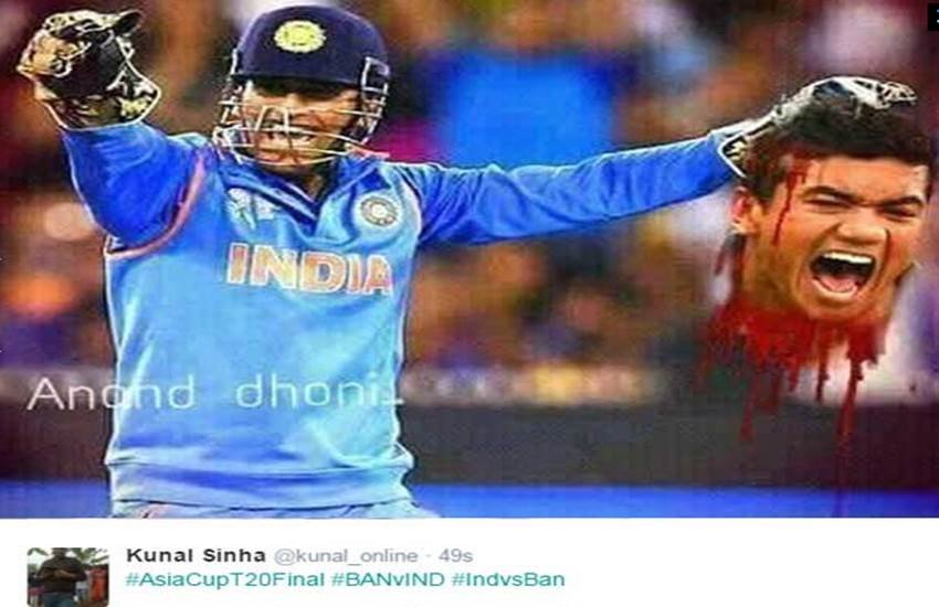 severed head, morphed image, photoshopped image, World Cup, no ball controversy, Asia Cup finalMS Dhoni, Asia Cup T20, News, Taskin Ahmed, Mahendra Singh Dhoni, Rohit Sharma, Ajinkya Rahane, Asia Cup, Cricket, Ind vs Ban, India, Bangladesh, Ravichandran Ashwin, Ravindra Jadeja, Shikhar Dhawan, Taskin Ahmed, Virat Kohli, Mustafizur Rahaman, asia cup, asia cup 2016, asia cup t20, asia cup t20 2016, bangladesh, bangladesh vs india, bangladesh vs india 2016, india, india vs bangladesh, india vs bangladesh 2016, shiamak unwalla, कप्‍तान धोनी, एशिया कप, महेंद्र सिंह धोनी, तस्‍कीन अहमद