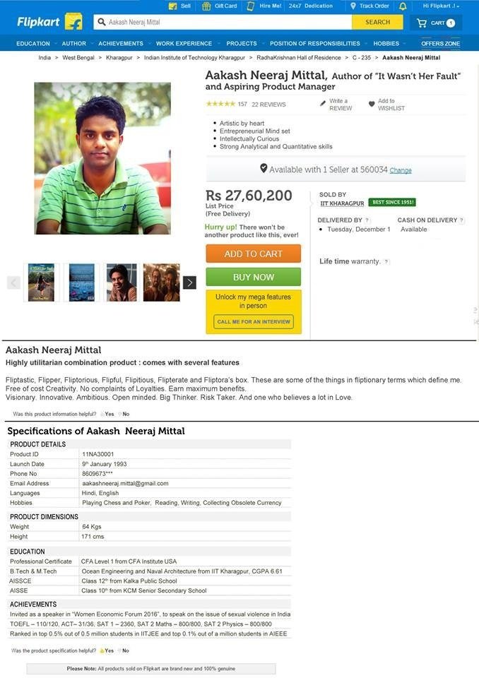 flipkart, iit graduate sells himself on flipkart, iit graduate job flipkart, flipkart sale, man sells himself on flipkart, IIT kharagpur graduate flipkart, IIT kharagpur News,फ्लिपकार्ट, आईआईटी खड़गपुर, आकाश नीरज मित्तल