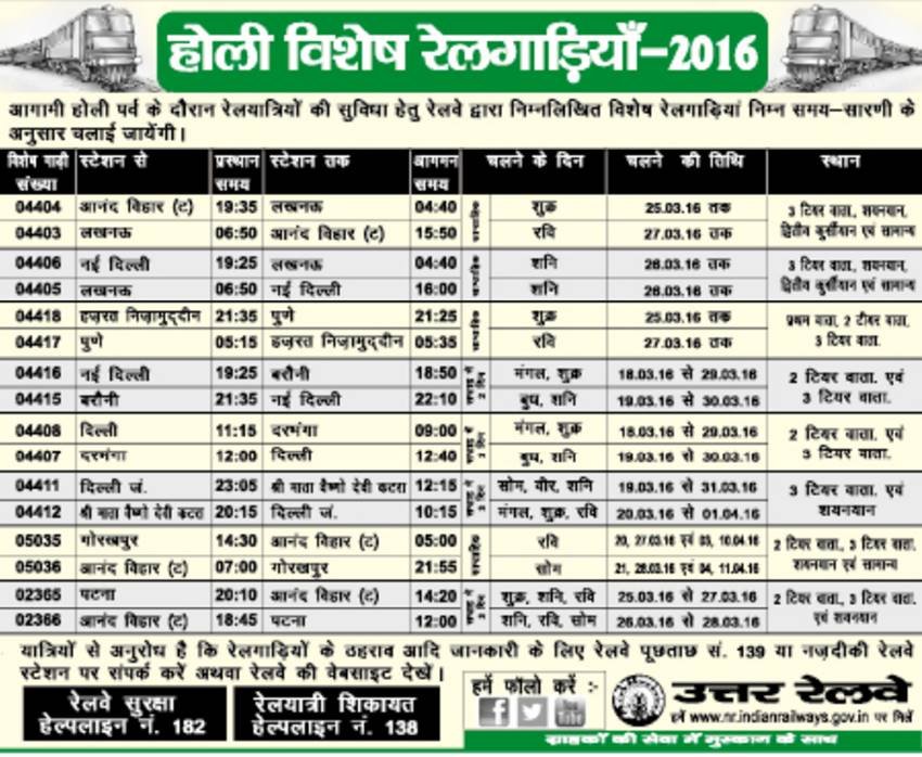 special trains on Holi, Indian railway, irctc, train, train status, train route, trains on Holi, holi train, holi special trains, होली, होली ट्रेन, रेलवे, भारतीय रेलवे, भारतीय रेल