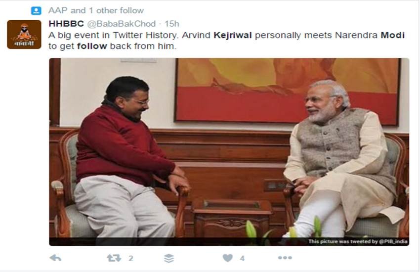 Arvind Kejriwal PM Narendra Modi, PM Modi follows Kejriwal on Twitter, Delhi Chief Minister Arvind Kejriwal, with over seven million followers on Twitter, follows Kejriwal, news in hindi, Latest Update, arvind kejriwal, narendra modi, pm modi, arvind kejriwal, अरविंद केजरीवाल, पीएम नरेंद्र मोदी, टि्वटर, सोशल मीडिया पर मजाक, @narendramodi, @ArvindKejriwal