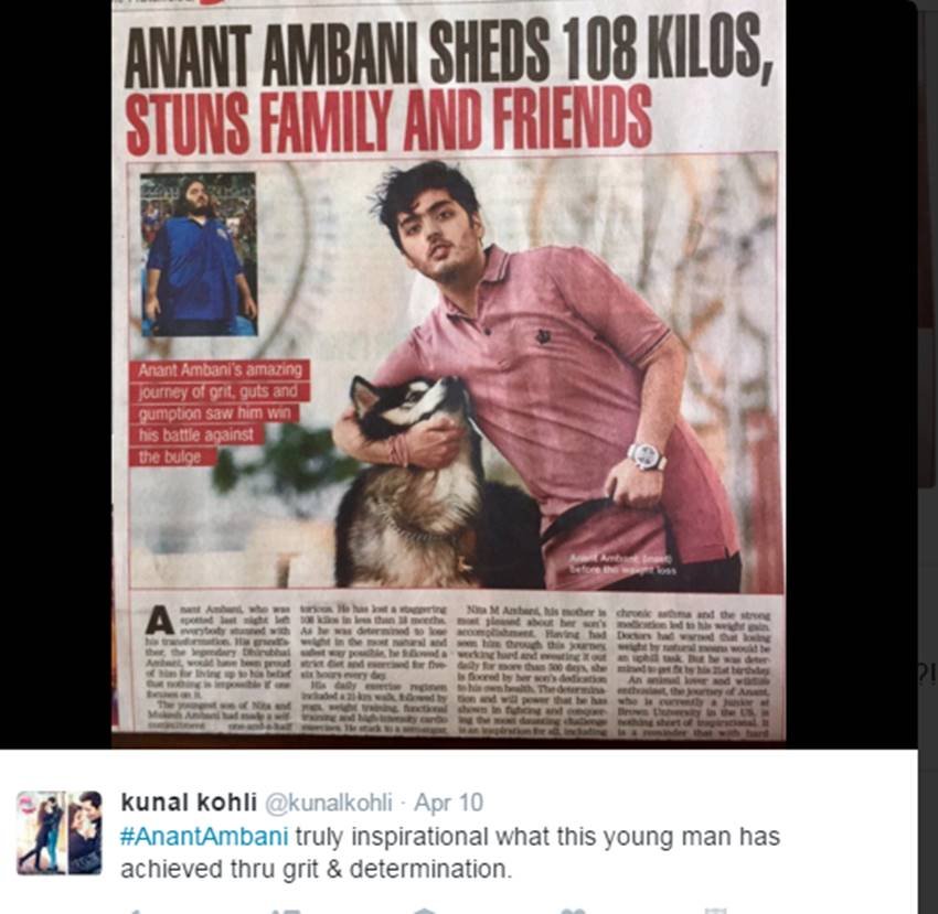 एक्‍टर कुणाल कोहली ने कहा,'अनंत अंबानी अपने निश्‍चय और दृढ़ता के बल पर इस युवक ने जो हासिल किया है वह वास्‍तव में प्रेरणा है।' (Photo: Twitter)