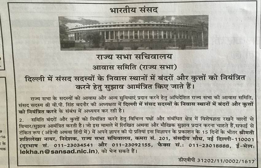 rajya sabha, rajya sabha MPs, moneky and dogs in delhi, rajya sabha house committee, rajya sabha advertisement, monkeys and dogs in MPs house, राज्‍य सभा सचिवालय, सांसद