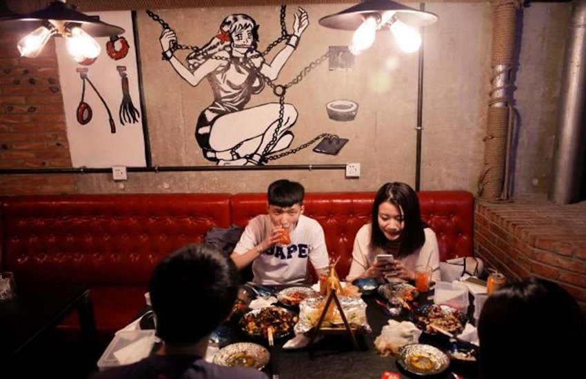 fetish,Beijing fetish restaurant,lobster and sex,breast-shaped cups,bottle openers,wooden penis,Beijing S&M restaurant,food with sex,divorcee,seafood,mannequins,bondage gear,Horny,Sensuous World,basic desires of humans,taboo