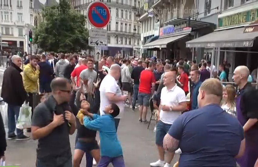 English fans, England footbal fans, mock refugee children, refugee children, refugee children video, English fans video