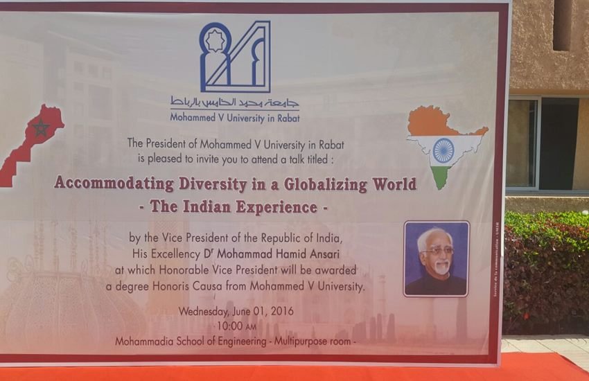 Hamid Ansari,Vice President India,Map of India,Map of India Pakistan,VP,Morocco,Rabat,Mohammad V University,hoarding,Indian Map with Pakistan,erroneous maps