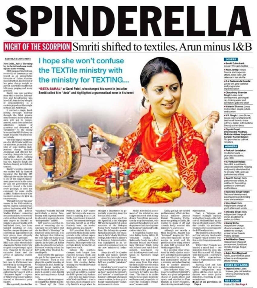 Smriti Irani, cabinet reshuffle, front page, hrd minister, india, india social news, Politics, social news, social news stories, spinderella