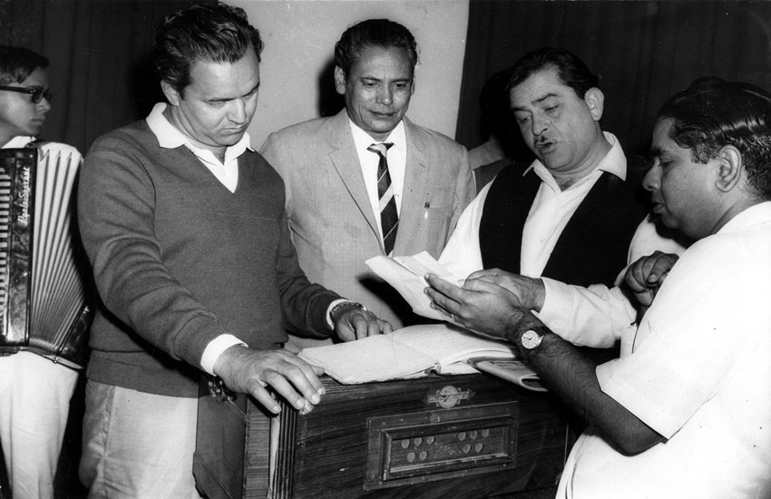 Playback Singer Mukesh, Shakeel Badayuni and Raj Kapoor. Express archive photo