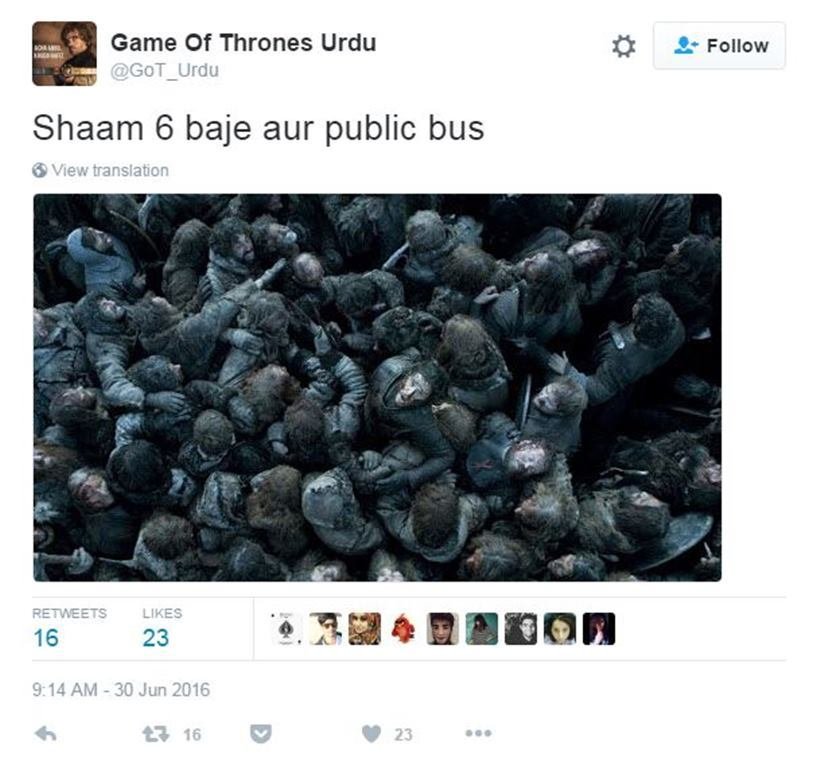 Game of Thrones, Urdu, parody account