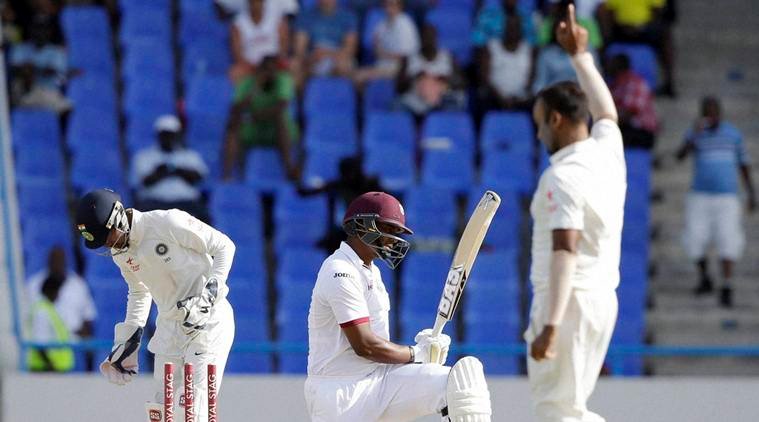 North Sound : West Indies' batsman Shannon Gabriel kneels after being bowled by India's Amit Mishra, right, during day three of their first cricket Test match at the Sir Vivian Richards Stadium in North Sound, Antigua, Saturday, July 23, 2016.AP/PTI(AP7_24_2016_000006B) North Sound : West Indies' batsman Shannon Gabriel kneels after being bowled by India's Amit Mishra, right, during day three of their first cricket Test match at the Sir Vivian Richards Stadium in North Sound, Antigua, Saturday, July 23, 2016.AP/PTI(AP7_24_2016_000006B)