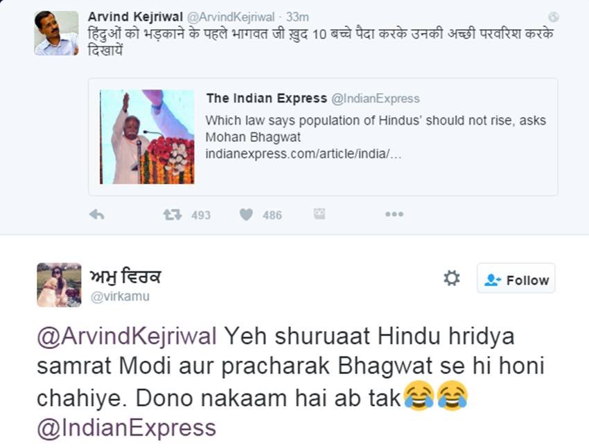 Arvind Kejriwal, Mohan Bhagwat, Mohan Bhagwat RSS, Kejriwal vs Bhagwat, Bhagwat Kids statement, RSS, Hindu Population, Islamic Population, Delhi CM, Kejriwal Trolled, Social Media, India News, Hindi News, Jansatta