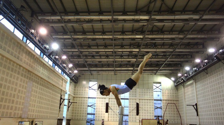 Dipa Karmakar training at IG Stadium on Tuesday. Express photo by Oinam Anand. 19 August 2014