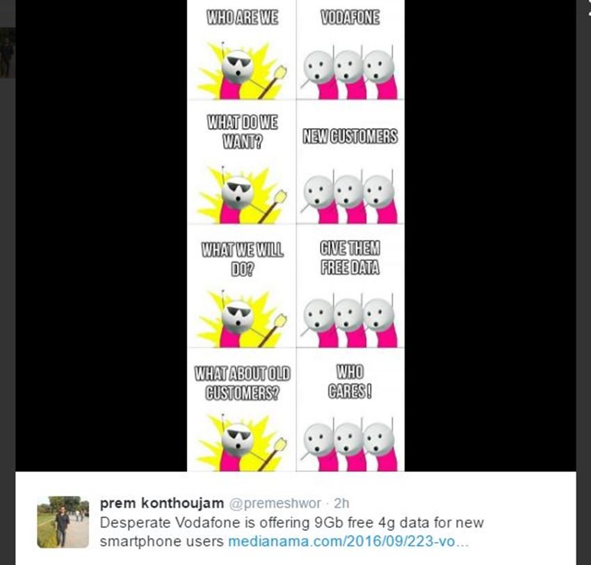 वोडाफोन के इस ऑफर की पहली शर्त यह थी कि यह सुविधा 4जी उपभोक्‍ताओं को ही मिलेगी और वह भी नया 4जी स्‍मार्टफोन खरीदने पर। लोगों ने वोडाफोन की इस स्कीम का ट्विटर पर जमकर मजाक उड़ाया है। (फोटो: ट्विटर)