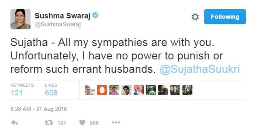 Sushma Swaraj, Sushma Swaraj twitter, Sushma swaraj help, twitter Help, MEA, MEA help, Extramarital affairs, India News, Social Media, Jansatta