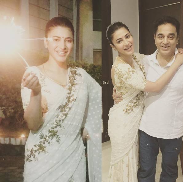 अक्षरा हासन ने अपनी फैमिली के साथ दिवाली मनाई। उन्होंने पापा कमल हसन के साथ ये तस्वीर शेयर की।