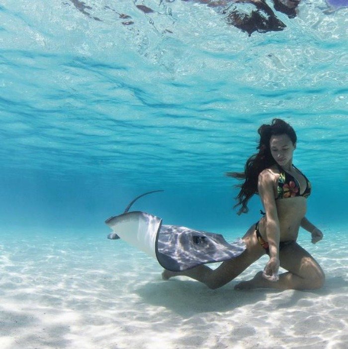 स्टिंग्रे क्वीन के नाम से जानी जाने वाली रावा ने समुद्री जीवों के साथ तस्वीरें खिंचवाई।