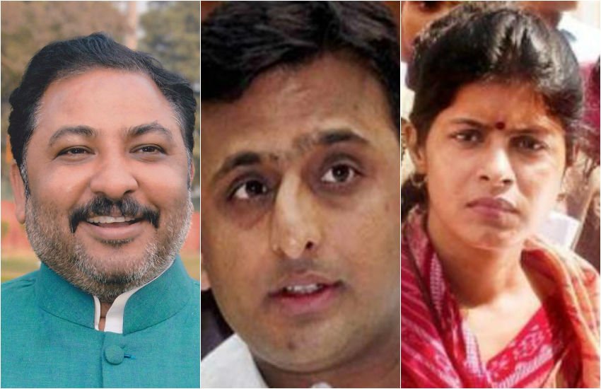 (बाएं से दाएं) दयाशंकर सिंह, सीएम अखिलेश यादव और स्वाति सिंह।