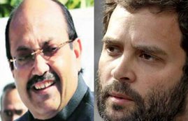 सपा सांसद अमर सिंह (बाएं) और कांग्रेस उपाध्यक्ष राहुल गांधी। (फाइल फोटो)