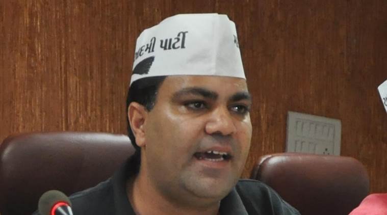 AAP Delhi MLA and party's Gujarat in-charge Gulab Singh Yadav (Centre) addressing mediapersons at the Circuit House Annexe here, announcing cancellation of Delhi CM Arvind Kejriwal's July visit to Gujarat. Express photo by javed raja *** Local Caption *** AAP Delhi MLA and party's Gujarat in-charge Gulab Singh Yadav (Centre) addressing mediapersons at the Circuit House Annexe here, announcing cancellation of Delhi CM Arvind Kejriwal's July visit to Gujarat. Express photo by javed raja