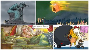 Donald Trump, Donald Trump Victory, Political Cartoonists, Sketches on Trump Victory, New York Times Cartoon on Trump, America's future in Trump's Hand, Cartoons on Donald Trump, Satire on Donald Trump, Caricature of Donald Trump