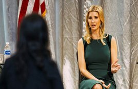 इवांका ट्रंप चुनाव प्रचार के दौरान एक कार्यक्रम में। (Allison Farrand/The Grand Rapids Press via AP)