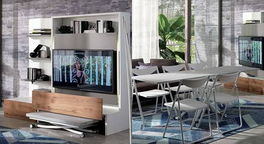 inbuilt sofa, tv with mirror two in one, coffee table