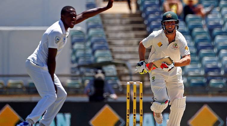 Cricket - Australia v South Africa - First Test cricket match - WACA Ground, Perth, Australia - 7/11/16. South Africa's Kagiso Rabada appeals successfully for LBW to dismiss Australia's Mitchell Marsh at the WACA Ground in Perth. REUTERS/David Gray
