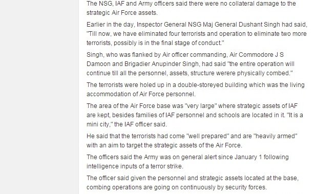 चार जनवरी 2016 को एनडीटीवीके सजीव प्रसारण से पहले सेना ने एक प्रेस वार्ता में पठानकोट हमले से जुड़ी जानकारी दी थी। उस दिन के एशियन एज अखबार में प्रकाशित सेना का बयान। (स्क्रीनशॉट)