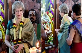 Theresa May in saree, Theresa May visits Someshwara Temple, Siddaramaiah, Theresa May in Bengaluru, Bengaluru, Someshwara Temple