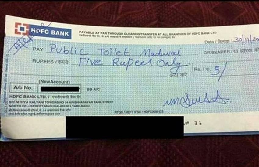Brm Muralidharan, Madurai, Tamil Nadu, Five Rupee Paid in Cheque, HDFC bank, Toilet Payment by Cheque, Viral FB Post of Brm Muralidharan, Man Paid rs 5 for using Toilet by Cheque Brm Muralidharan, Madurai, Tamil Nadu, Five Rupee Paid in Cheque, HDFC bank, Toilet Payment by Cheque, Viral FB Post of Brm Muralidharan, Man Paid rs 5 for using Toilet by Cheque
