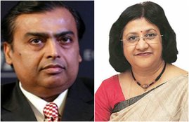 रिलायंस इंडस्ट्रीज के चेयरमैन मुकेश अंबानी (बाएं) और एसबीआई की चेयरमैन अरुंधति भट्टाचार्य। (फाइल फोटो)
