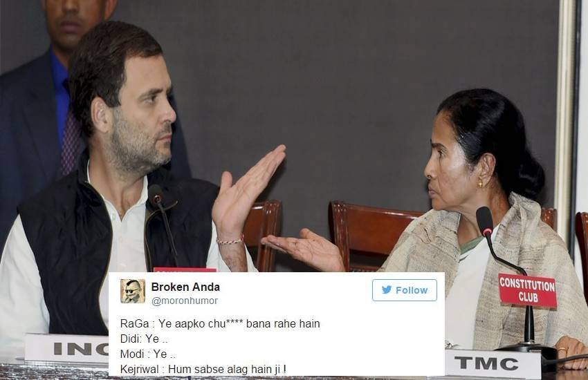 ट्विटर पर राहुल गांधी और ममता बनर्जी की इस फोटो को लेकर उड़ रहा है मजाक। (Photo Source: Twitter) 