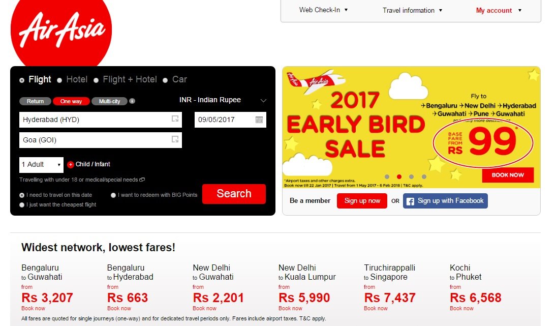 एयर एशिया द्वारा आज लॉन्च किए गए ऑफर के तहत हवाई यात्रा किराया। (Source: AirAsia website)