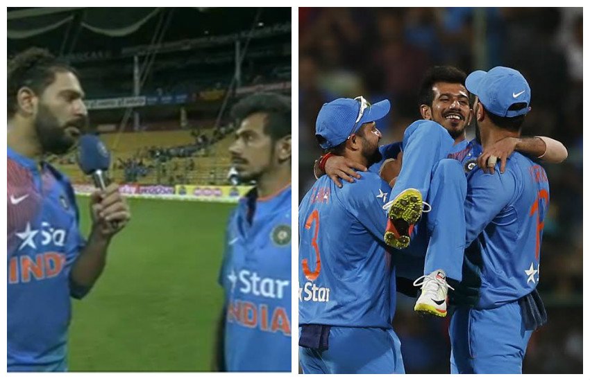मैच के दौरान युजवेंद्र को गोद में उठाते युवराज सिंह और मैच के बाद उन्होंने रिपोर्टर बनकर लिया उनका इंटरव्यू। मैच के दौरान युजवेंद्र को गोद में उठाते युवराज सिंह और मैच के बाद उन्होंने रिपोर्टर बनकर लिया उनका इंटरव्यू।