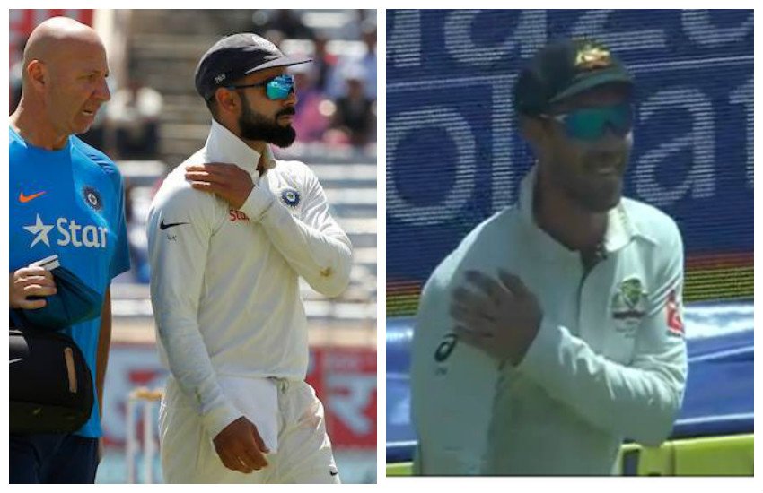 कोहली के आउट होने के बाद उनका मजाक उड़ाते अॉस्ट्रेलियाई बल्लेबाज ग्लेन मैक्सवेल। कोहली के आउट होने के बाद उनका मजाक उड़ाते अॉस्ट्रेलियाई बल्लेबाज ग्लेन मैक्सवेल।