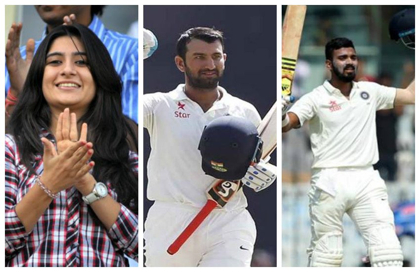 चेतेश्वर पुजारा बीच में, उनकी पत्नी (बाएं) और भारतीय ओपनर केएल राहुल (दाएं)।