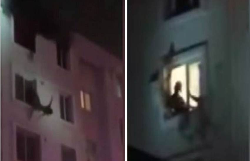 6 मंजीला इमारत की खिड़की से गिरी महिला को फायर फाइटर ने बचाया। (Photo Source: Youtube/ CGTN)