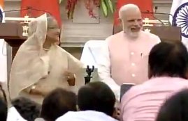 Sheikh Hasina, Modi-Hasina Meet, Narendra modi Laughing, Shiekh Hasina Laughing, PM Narendra Modi, Sheikh Hasina burst into laughter, India-Bangladesh Joint Press Conference,
