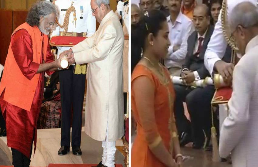 वाद्ययंत्र मोहनवीणा के आविष्कारक विश्वमोहन भट्ट और दीपा करना को अवॉर्ड देते राष्ट्रपति प्रणब मुखर्जी