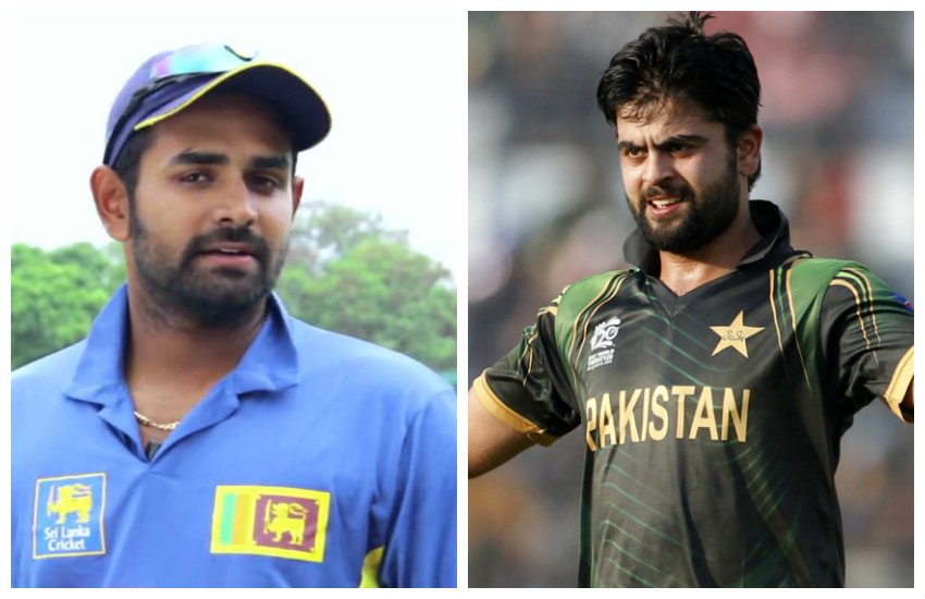 श्रीलंकाई टीम के खिलाड़ी लाहिरू थिरिमाने और पाकिस्तानी बल्लेबाज अहमद शहजाद। 